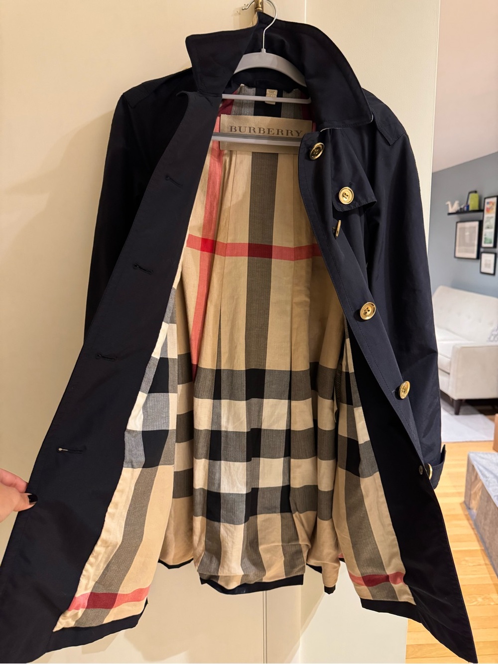 Burberry Women’s Navy Trench Coat with Signature Check Lining